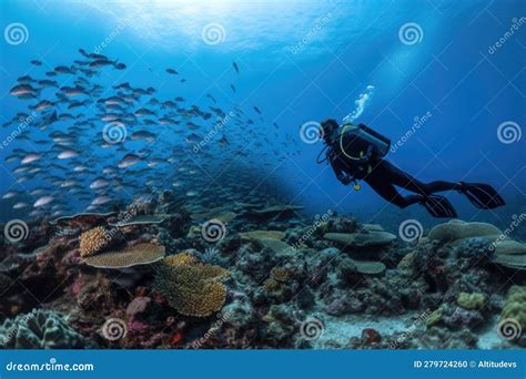 A Diver Surrounded By Schools Of Fish And Waving Coral In A Vibrant