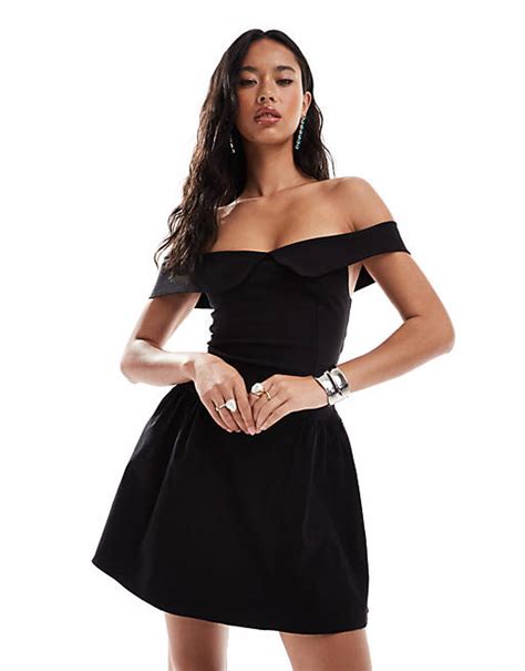 Vesper Bardot Foldover Skater Dress In Black Asos