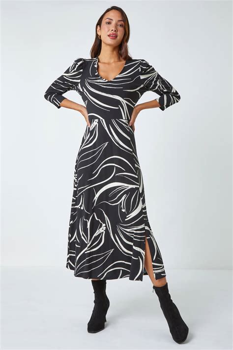 Black Abstract Print Midi Stretch Dress Roman UK