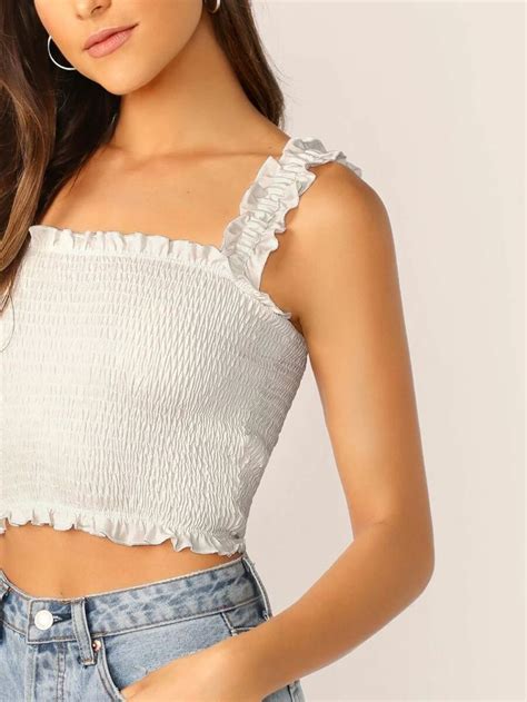 Shein Frill Trim Crop Shirred Top Women Womens Tops Fashion