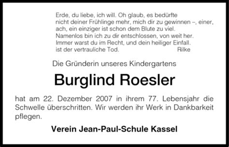 Traueranzeigen Von Burglind Roesler Trauer Hna De