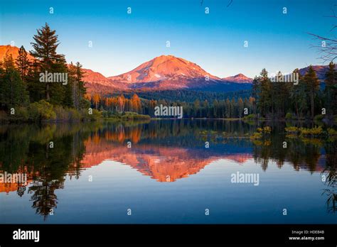 Sunset At Lassen Peak With Reflection On Manzanita Lake Lassen