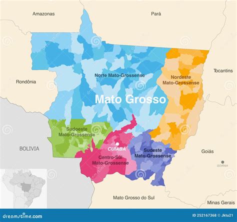 Brazil State Mato Grosso Administrative Map Showing Municipalities ...