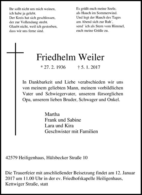 Traueranzeigen Von Friedhelm Weiler Trauer In NRW De