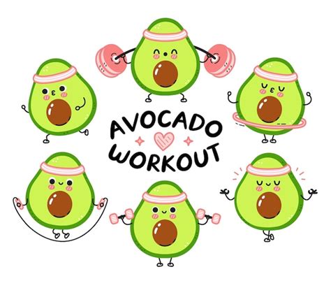 Premium Vector Cute Smiling Happy Strong Avocado Health And Fitness Set