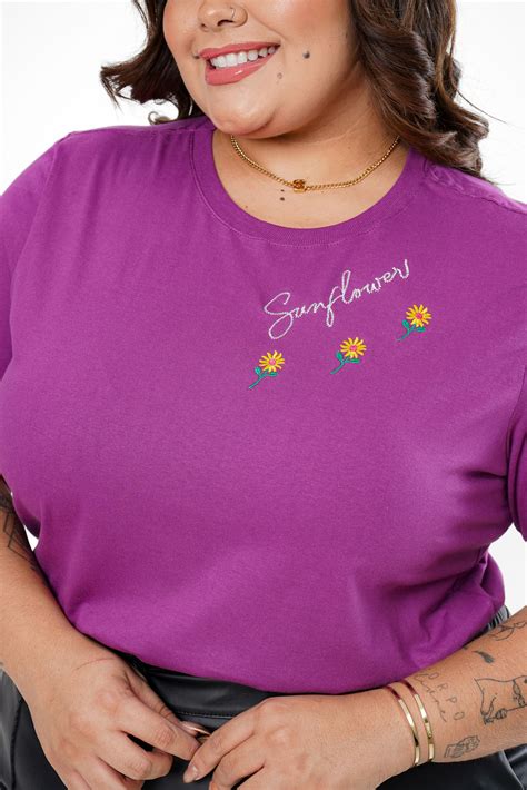 T Shirt Plus Size Sunflower Bordado Roxo Purple Atacado Tshirt