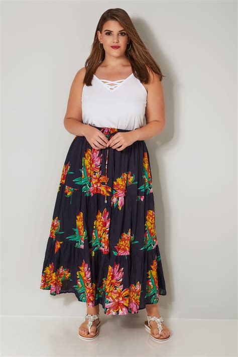 Navy And Multi Floral Print Tiered Maxi Skirt Plus Size 16 To 36