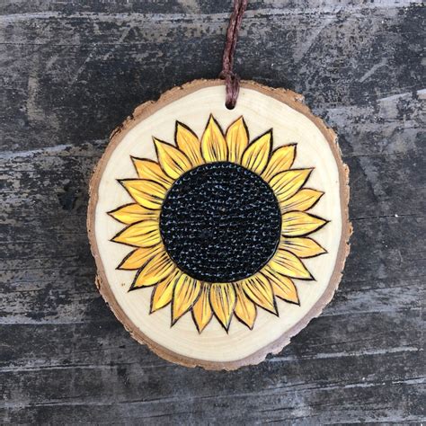 Sunflower Ornament Wood Burned And Hand Painted Wood Slice Etsy