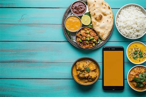 Indian People Enjoying Traditional Indian Foods Fruits Curry Snacks And