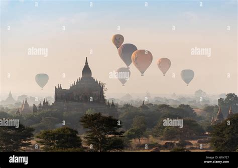 Hot Air Balloons In Flight Over Temples Of Bagan Burma Myanmar Stock Photo Alamy