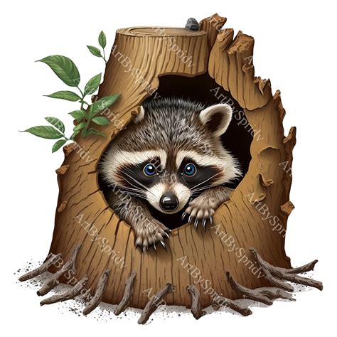 Adorable Raccoon In Tree Stump Png Clipart Cute Woodland Animal