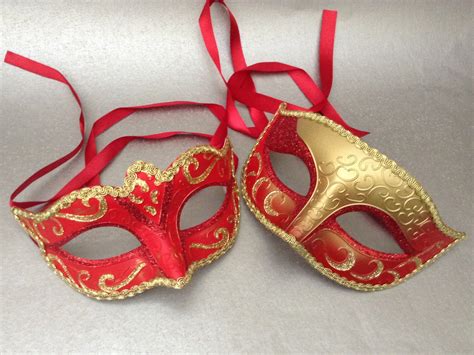 Couples Gold Red Masquerade Ball Eye Mask Pair Etsy