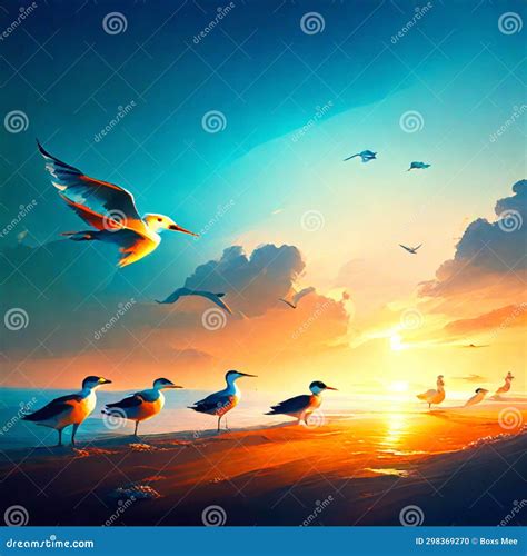 Seagulls Flying Over The Sea At Sunset Collage Stock Illustration