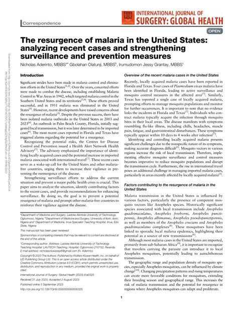 Pdf The Resurgence Of Malaria In The United States Analyzing Recent