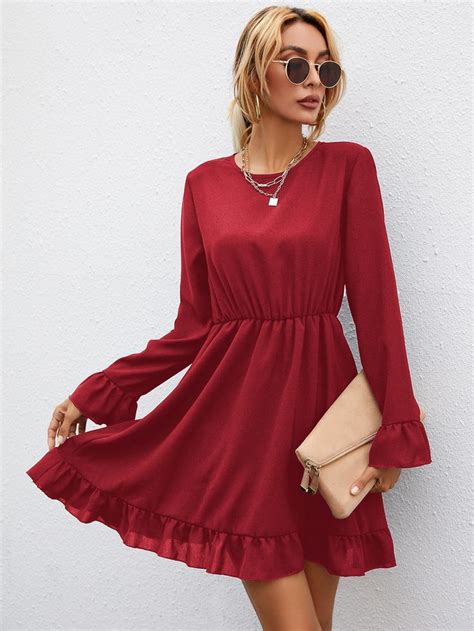 Flounce Sleeve Ruffle Hem A Line Dress