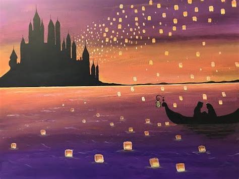 A Painting Of Two People In A Boat Floating On The Water With Lanterns