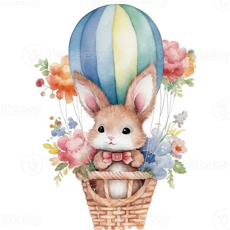 Cute Watercolor Illustration Of A Cute Bunny In A Hot Air Balloon