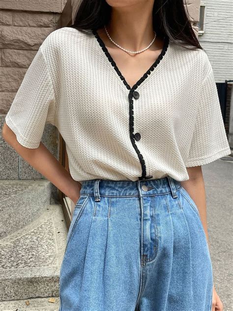 DAZY Waffle Knit Button Front Contrast Binding Drop Shoulder Tee