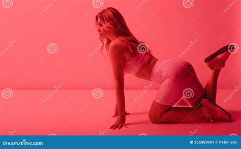 Beautiful Blonde Woman In Lingerie Posing In Red Neon Light Stock Image Image Of Model Lover