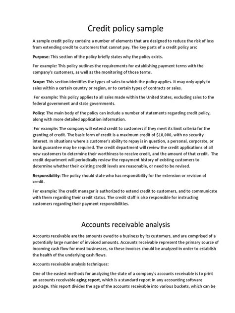 Credit Policy Sample Accounts Receivable Analysis Pdf Credit Finance And Money Management