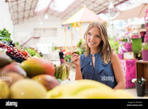 Blonde Woman Shopping Organic Veggies And Fruits Stock Photo Alamy