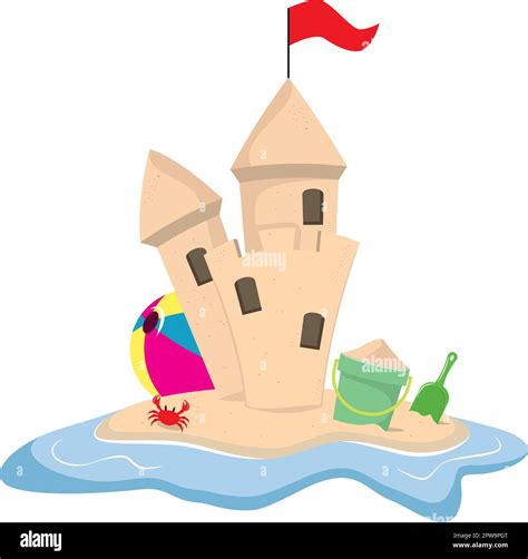 Illustration Of Sandcastle On The Water Surrounding With A Bucket Crab