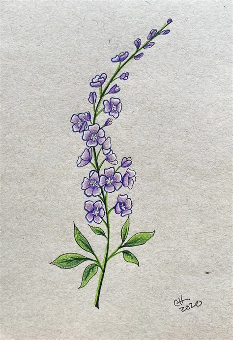 A Drawing Of Purple Flowers With Green Leaves