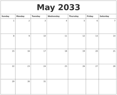 May 2033 Monthly Calendar