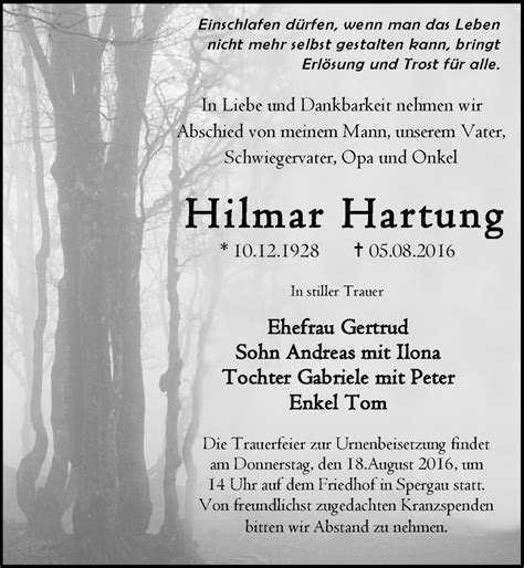 Traueranzeigen Von Hilmar Hartung Abschied Nehmen De