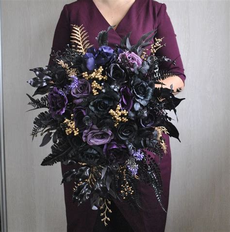 Purple Gold Black Bouquet Cascading Bouquet Gothic Wedding Bouquet