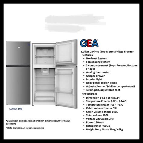 Jual GEA Home Refrigerator G2HD 198 Kulkas 2 Pintu GEA 198 Liter