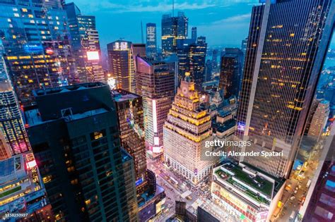 Times Square Aerial View At Night With Illuminated Skyscrapers New York Usa High-Res Stock Photo ...