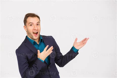 man standing  presenting    white background