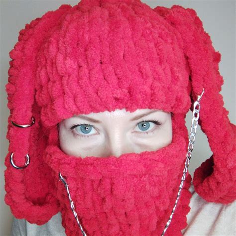 Red Bunny Balaclava Crochet Fluffy Balaclava With Chain Inspire Uplift