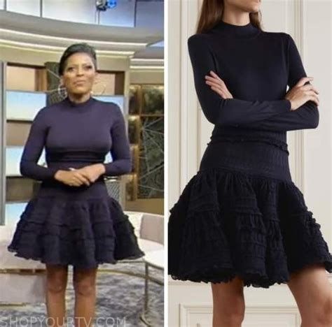 Tamron Hall Show November 2022 Tamron Halls Navy Blue Knit Ruffle Flare Dress Shop Your Tv