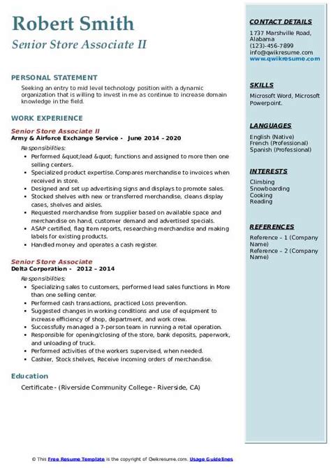 Senior Store Associate Resume Samples Qwikresume