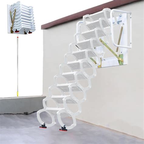 White Attic Pull Down Stair Ladder Courtyard Wall Ladder With Handrail