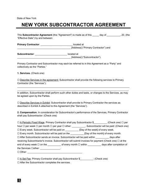 Free New York Subcontractor Agreement Pdf Word