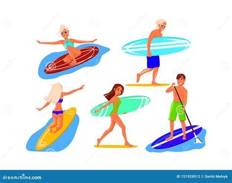 Set Of Surfers Stock Vector Illustration Of Girl Outdoor 151928912