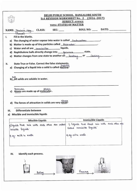 States Of Matter Worksheet Grade 7 With Answers