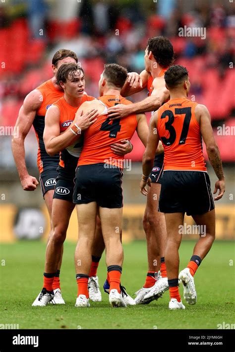 Toby Greene Of The Giants Celebrates Kicking A Goal With Team Mates