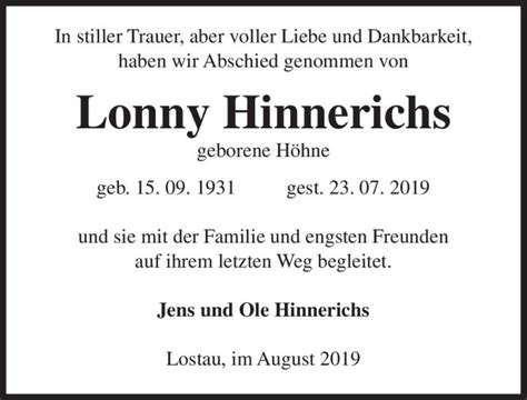 Traueranzeigen von Lonny Hinnerichs geb Höhne abschied nehmen de