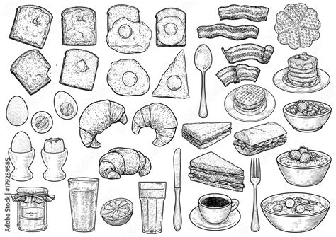 Breakfast Collection Illustration Drawing Engraving Ink Line Art