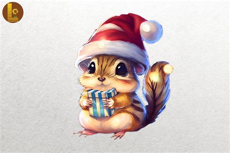 Baby Chipmunk In Santa Hat Christmas By Mulew Art | TheHungryJPEG