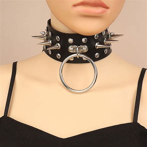 Gothic Rivet Spike Round Ring Pu Leather Collar Black Maramalive