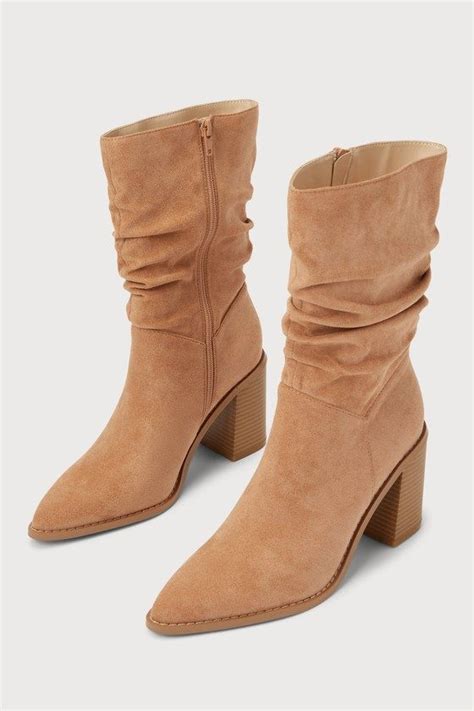 Penelopie Light Nude Suede Pointed Toe Mid Calf Boots Mid Calf Boots