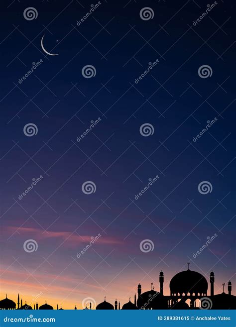 Islamic Card With Mosques Dome Crescent Moon On Blue Sky Background