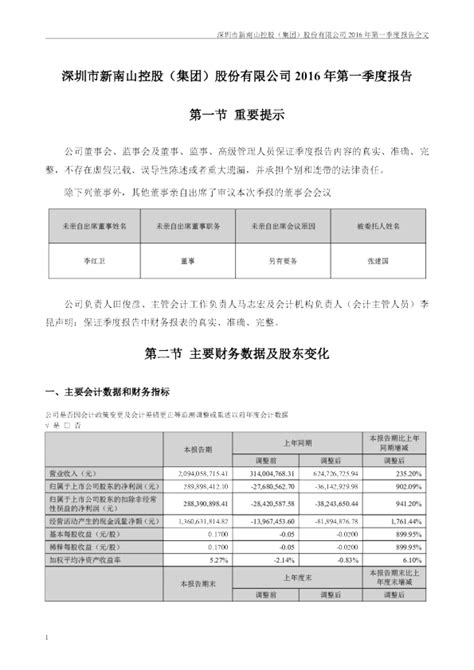 南山控股：2016年第一季度报告全文