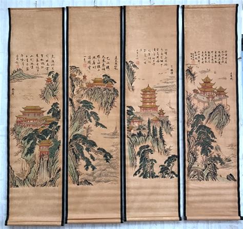 China calligraphy Paintings Scrolls old Chinese Painting SCROLL FOUR SCREEN Painting Water and ...