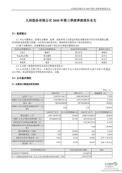 九阳股份：2010年第三季度报告全文